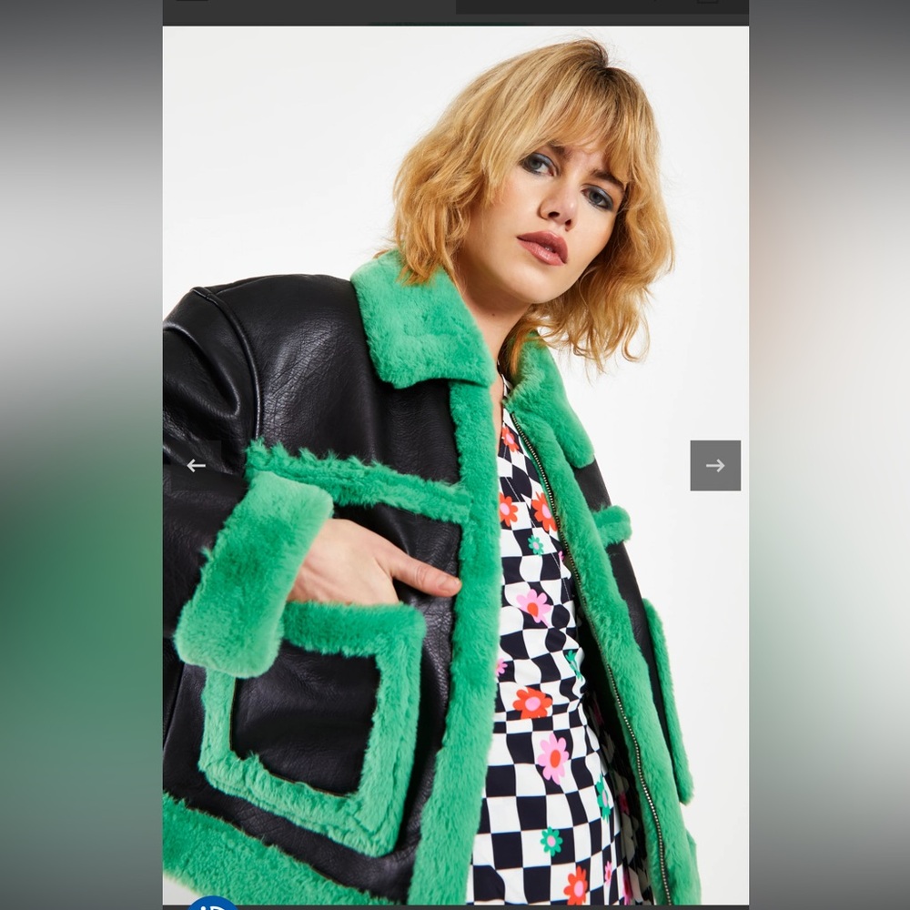 Glamorous Black Green Cropped Shearling Trim Vegan Leather Coat Size 6 - Picture 9 of 13